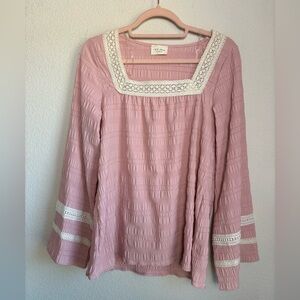 143 Story by Line Up Blush Pink Boho Crepe Bell Sleeve Crochet Peasant Top S